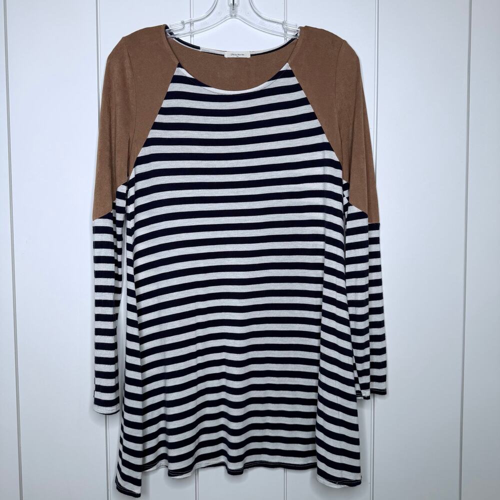 12PM by Mon Ami Navy Stripe Tunic Top Suede look Shoulder M